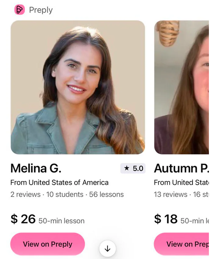 Find me an English tutor below $30, from the United States.