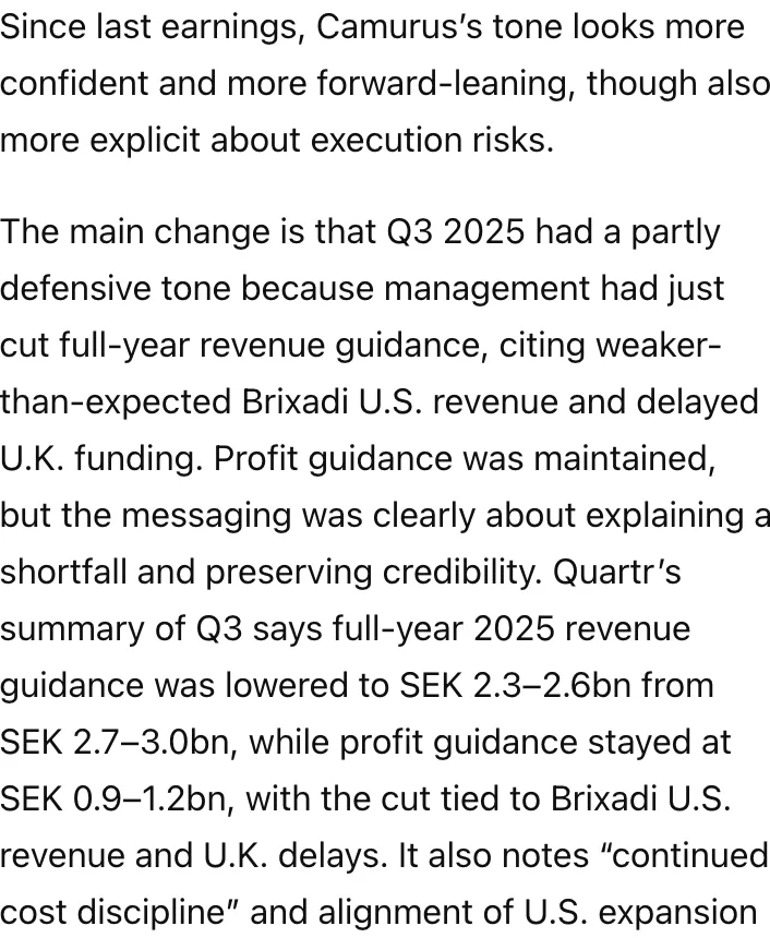 What's changed in Camurus tone and confidence since last earnings?