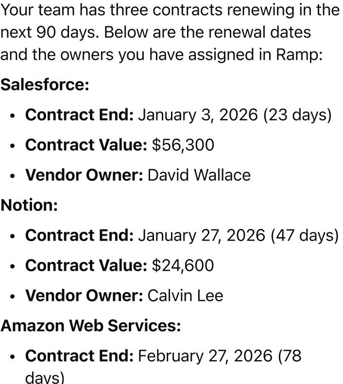 @Ramp what vendors have contracts renewing in the next 90 days?