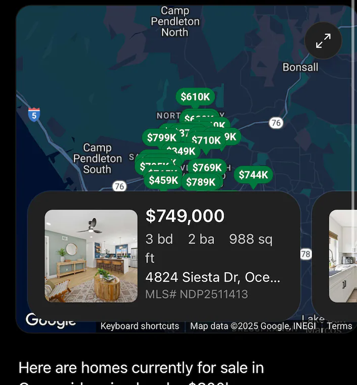 Show me homes under $800k in Oceanside