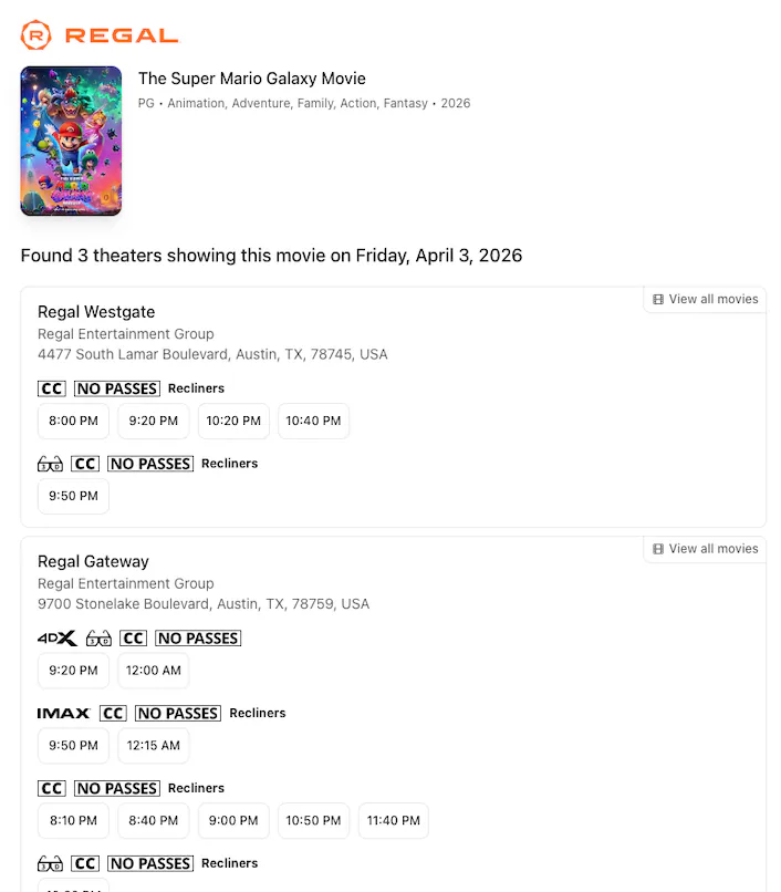 Where can I see Super Mario Galaxy in Austin ?