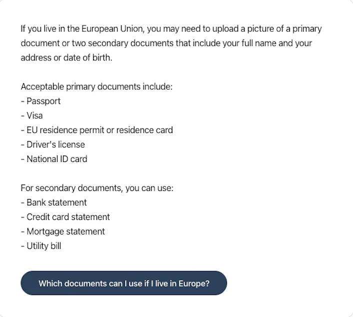 Which documents can I use in the EU to verify my identity?