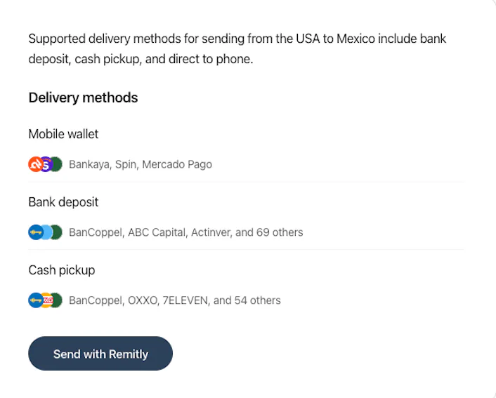 What delivery methods can I use sending USA to Mexico?