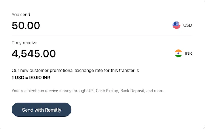 What rate will I get sending $50 from US to India?