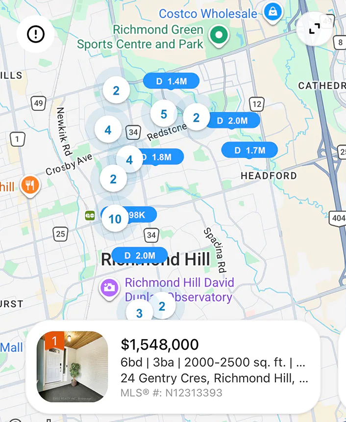 Find detached homes near Bayview SS, 2 beds, under $2M?