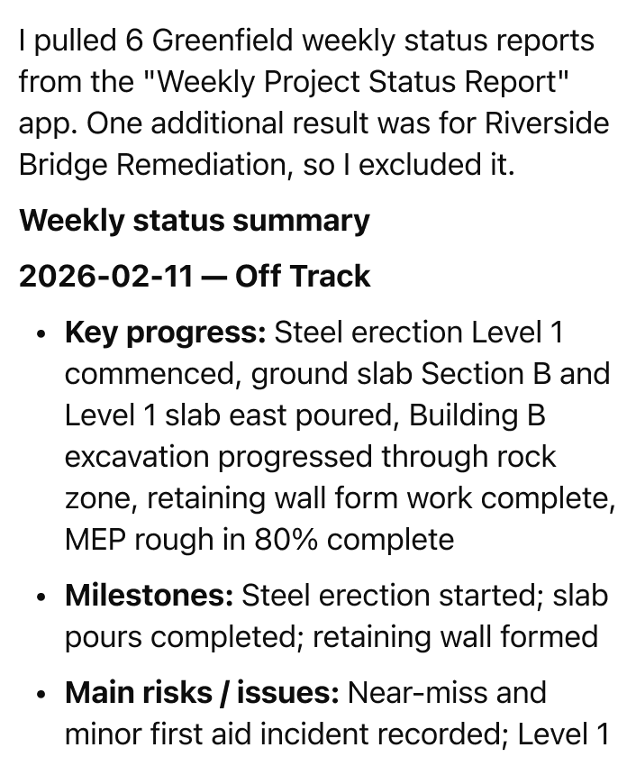 @Sitemate pull the weekly project status reports for the greenfield project