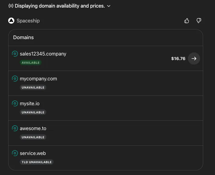 Check next domains: mycompany.com, mysite.io, service.web, sales12345.com