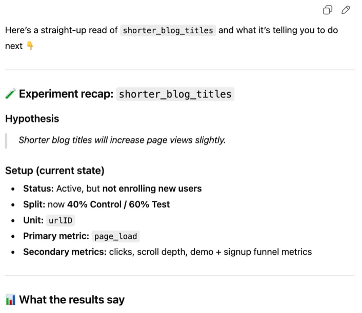 Analyze the results of my Statsig experiment shorter_blog_titles