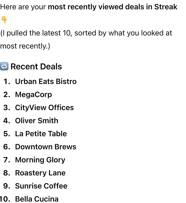 Show me my recent deals in Streak