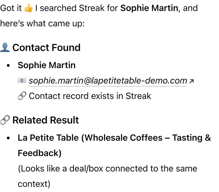 Search for contact Sophie Martin in Streak