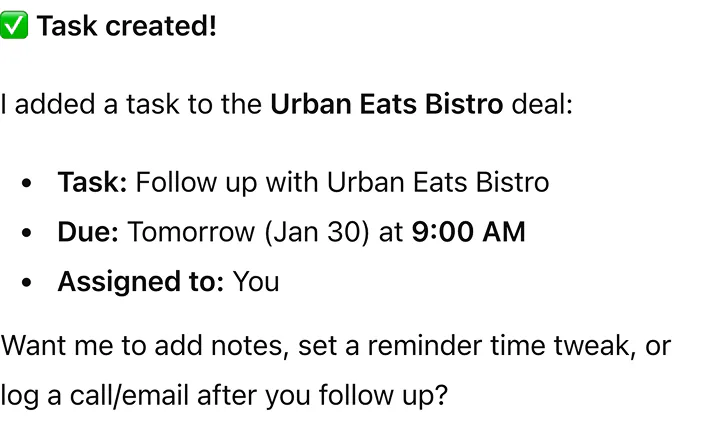 Create a task for the Urban Eats Bistro box to follow up tomorrow in Streak