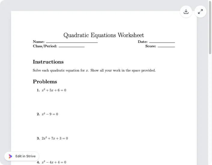 @Strive create a quadratic equations worksheet with 10 questions