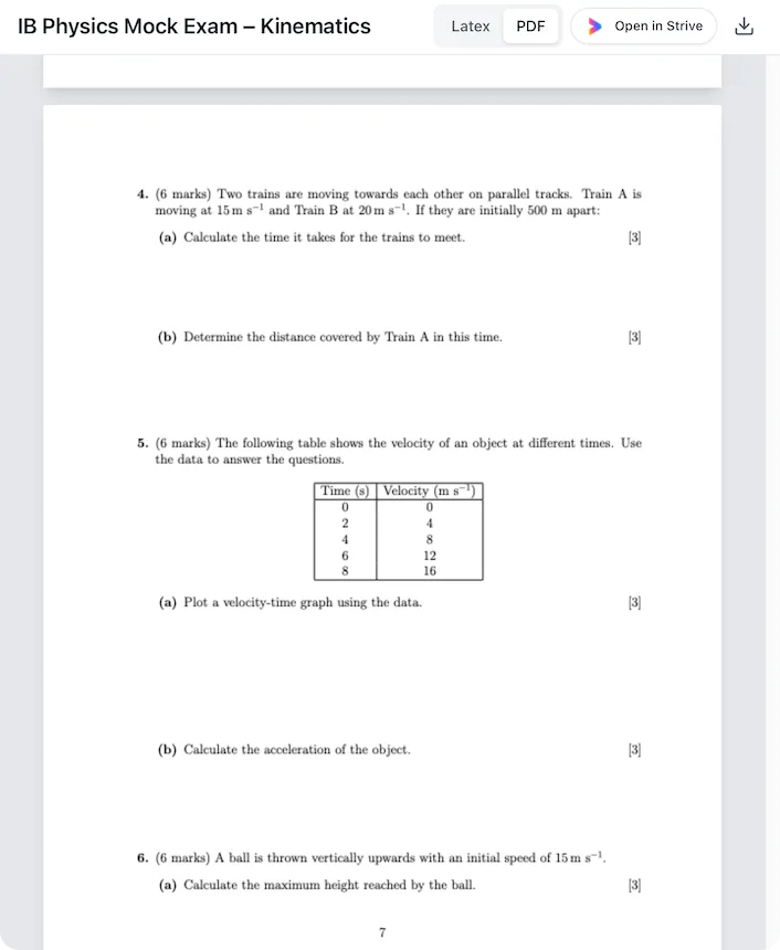 @Strive create an IB physics mock exam focused on Kinematics