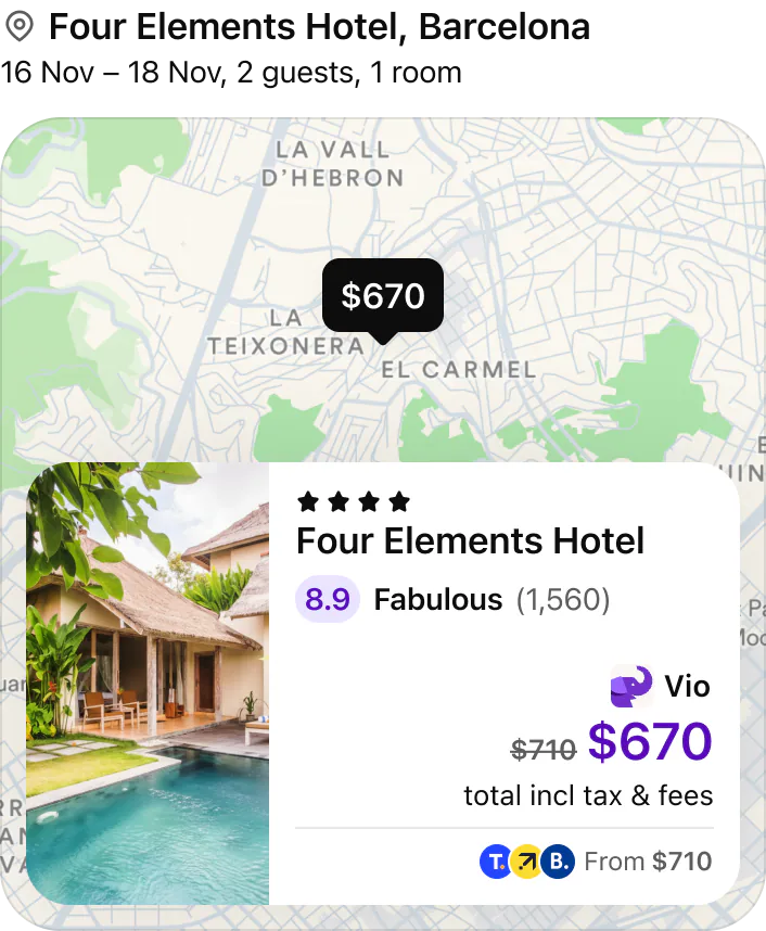 Vio show me rates for Four Elements Hotel, Barcelona 16-18 November for two