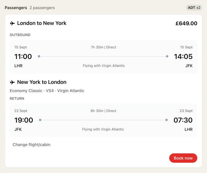 LHR to New York 15th Sep for 7 nights and  2 adults