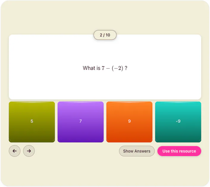 Create quiz on subtraction of integers