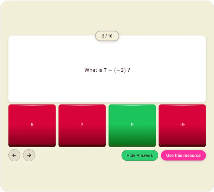 Create quiz on subtraction of integers