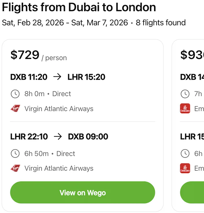 Show me round-trip flights from Dubai to London next weekend