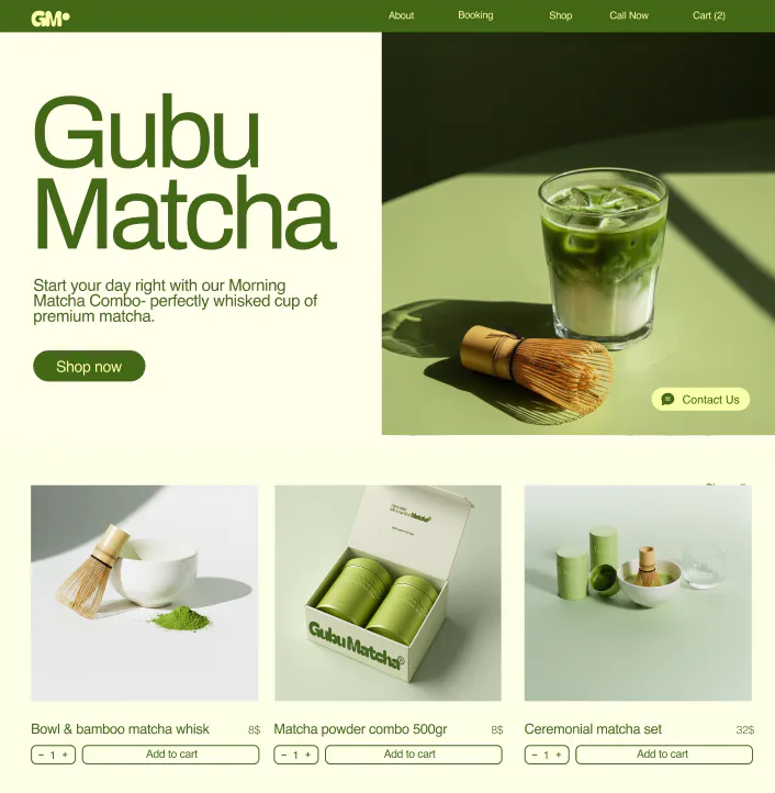 @Wix create a fresh matcha site with an online store and booking tools.