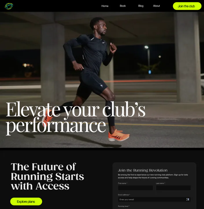 @Wix create a high-contrast running site with bookings and subscriptions.